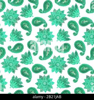 Motif à main sans couture et motif cachemire. Éléments aquarelle. Motif fleuri vert. Banque D'Images