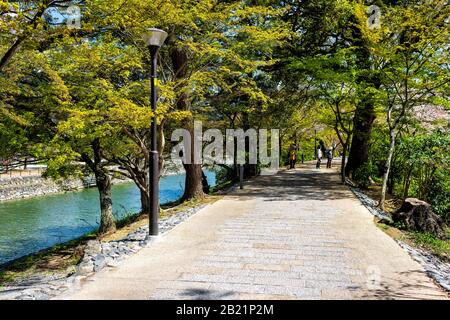 Uji, Japon - 14 avril 2019: Sentier de rue au printemps dans le village traditionnel avec des gens marchant par le cerisier sakura arbre et rivière Banque D'Images