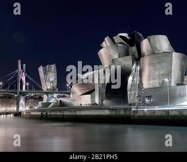 Vue nocturne du musée Guggenheim sur l'estuaire de la rivière Nervion. Bilbao, Espagne Banque D'Images