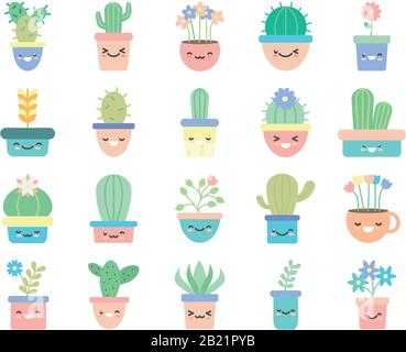 Kawaii plantes à l'intérieur des pots plate style icône ensemble conception de fleurs nature jardin ornement botanique décoration beauté et flore thème illustration vectorielle Illustration de Vecteur