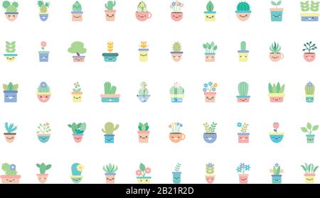 Kawaii plantes à l'intérieur des pots plate style icône ensemble conception de fleurs nature jardin ornement botanique décoration beauté et flore thème illustration vectorielle Illustration de Vecteur