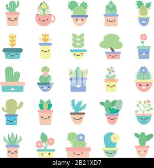 Kawaii plantes à l'intérieur des pots plate style icône ensemble conception de fleurs nature jardin ornement botanique décoration beauté et flore thème illustration vectorielle Illustration de Vecteur