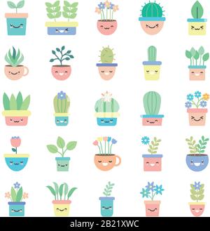 Kawaii plantes à l'intérieur des pots plate style icône ensemble conception de fleurs nature jardin ornement botanique décoration beauté et flore thème illustration vectorielle Illustration de Vecteur