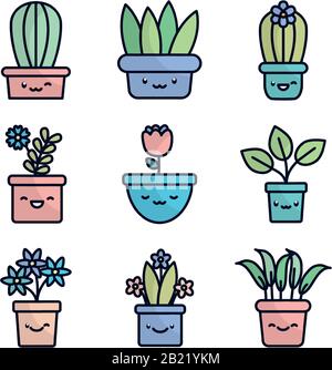 Kawaii plantes à l'intérieur des pots fond plat style icône ensemble conception de fleurs nature jardin ornement botanique décoration beauté et flore thème illustration vectorielle Illustration de Vecteur