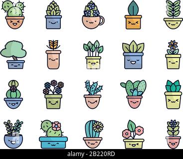 Kawaii plantes à l'intérieur des pots fond plat style icône ensemble conception de fleurs nature jardin ornement botanique décoration beauté et flore thème illustration vectorielle Illustration de Vecteur