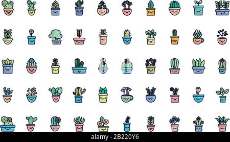 Kawaii plantes à l'intérieur des pots fond plat style icône ensemble conception de fleurs nature jardin ornement botanique décoration beauté et flore thème illustration vectorielle Illustration de Vecteur