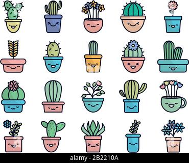 Kawaii plantes à l'intérieur des pots fond plat style icône ensemble conception de fleurs nature jardin ornement botanique décoration beauté et flore thème illustration vectorielle Illustration de Vecteur