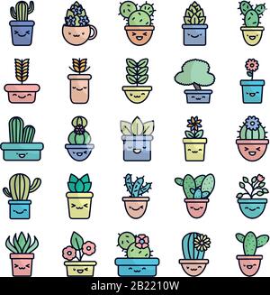 Kawaii plantes à l'intérieur des pots fond plat style icône ensemble conception de fleurs nature jardin ornement botanique décoration beauté et flore thème illustration vectorielle Illustration de Vecteur