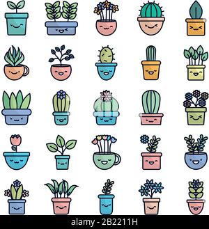 Kawaii plantes à l'intérieur des pots fond plat style icône ensemble conception de fleurs nature jardin ornement botanique décoration beauté et flore thème illustration vectorielle Illustration de Vecteur