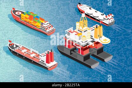 Rig Isométrique, Conteneur De Navires De Fret, Navire De Transport De Gnl Et Réservoir De Pétrole. Illustration Vectorielle. Transport De Fret D'Expédition. Illustration de Vecteur