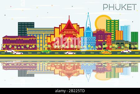 Phuket Thailand City Skyline Avec Bâtiments Couleur, Ciel Bleu Et Réflexions. Illustration Vectorielle. Concept De Voyages D'Affaires Et De Tourisme. Illustration de Vecteur