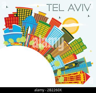 Tel Aviv Israel City Skyline Avec Bâtiments Couleur, Ciel Bleu Et Espace Copie. Illustration Vectorielle. Concept De Voyages D'Affaires Et De Tourisme. Illustration de Vecteur