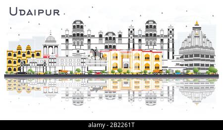 Udaipur India City Skyline Avec Bâtiments Couleur Et Réflexions Isolés Sur Blanc. Illustration Vectorielle. Concept De Voyages D'Affaires Et De Tourisme. Illustration de Vecteur