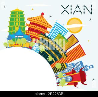 Xian China Skyline Avec Bâtiments Couleur, Ciel Bleu Et Espace De Copie. Illustration Vectorielle. Concept De Voyage D'Affaires Et De Tourisme Avec Architecture Historique. Illustration de Vecteur