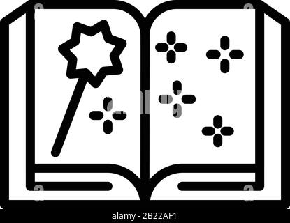 Livre ouvert et icône baguette magique, style de contour Illustration de Vecteur
