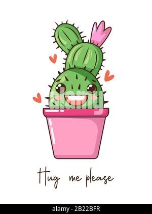 Mignon dessin animé kawaii cactus avec visage de sourire dans pot, fleur de couronne et citation.Illustration vectorielle dessinée à la main, texte mode Illustration de Vecteur