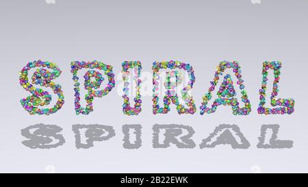 Spirale écrite en 3 dimensions par de petits objets colorés jetant l'ombre sur un fond blanc Banque D'Images