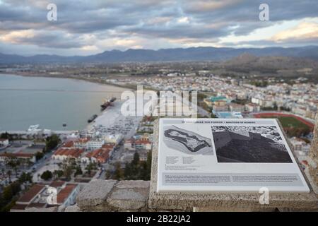 Panneau forteresse de Palamidi et vue sur nafplio , Grèce Banque D'Images