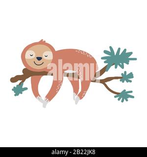 Joli loth sur l'illustration vectorielle de branche d'arbre. Motif animal de caricature puéril. Illustration de Vecteur