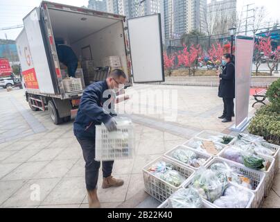 (200229) -- SANMENXIA, 29 février 2020 (Xinhua) -- les membres du personnel d'une plate-forme de commerce électronique envoient des légumes à la porte d'une communauté, à Sanmenxia, dans la province de Henan en Chine centrale, 28 février 2020. Récemment, Sanmenxia a réalisé un projet visant à assurer l'approvisionnement en légumes pour les résidents par le biais d'un système de distribution communautaire développé par une plate-forme de commerce électronique. La plate-forme transporte les légumes des bases de plantation des agriculteurs locaux vers les communautés résidentielles. Les résidents locaux recueillent leurs commandes séparément. De cette façon, les résidents peuvent acheter des légumes frais avec un « contact zéro » dans l'ensemble du processus. Banque D'Images