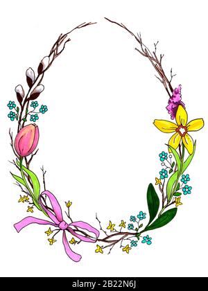 Carte de vœux de Pâques avec cadre fleuri en forme d'oeuf. Parfait pour les voeux de saison et les vacances de printemps. Cordon avec illustration des marqueurs Banque D'Images