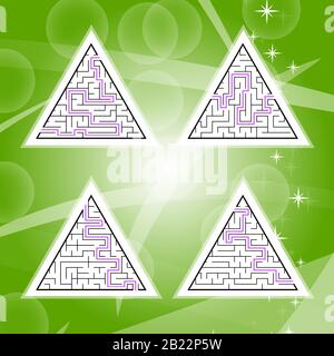 Un jeu de quatre labyrinthe triangulaire avec un trait noir. Un jeu pour enfants. Illustration vectorielle plate simple isolée sur un arrière-plan coloré. Avec Illustration de Vecteur