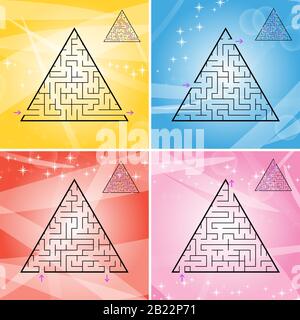 Un jeu de quatre labyrinthe triangulaire avec un trait noir. Un jeu pour enfants. Illustration vectorielle plate simple isolée sur un arrière-plan coloré. Avec Illustration de Vecteur