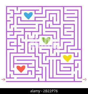 Labyrinthe carré violet. Recueillir tous les coeurs colorés et trouver un moyen de sortir du labyrinthe. Un jeu intéressant pour les enfants. Illustration vectorielle plate simple Illustration de Vecteur