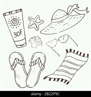 Ensemble de gribouillis d'été, plage, chapeau, crème, lunettes de soleil, coquille, étoile. Illustration de Vecteur