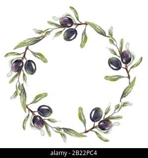 couronne de branche d'olive. cadre naturel dessiné au crayon. Banque D'Images