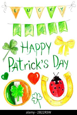 saint patricks jour, drapeaux, cookie avec drapeau d'irlande, coccinelle, cheval de chance, feuilles de trèfle. Banque D'Images