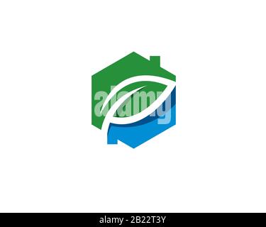 logo hexagonal maison avec espace négatif feuilles montrant un maison durable de bâtiment écologique Illustration de Vecteur