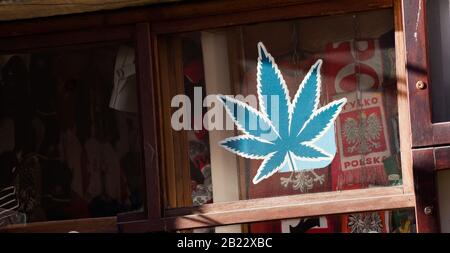 Boutique vendant des fournitures de cannabis marijuana à Cracovie. Stockez l'avant, la fenêtre avec un symbole de feuille verte. Moi Banque D'Images