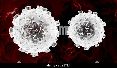 Deux cellules du virus corona modèle simple dans le sang isolé, la maladie COVID-19, l'éclosion de coronavirus paire de cellules virales dans le symbole de la circulation sanguine Banque D'Images