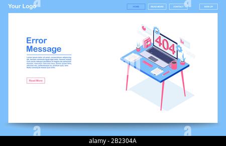 Message d'erreur - modèle de page de renvoi isométrique. 404 erreur page web avec espace texte. Serveur introuvable, notification de lien rompu sur l'écran de l'ordinateur portable Illustration de Vecteur