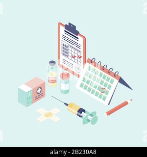 Calendrier de vaccination illustration du vecteur de couleur isométrique. Grippe, prévention des maladies de l'hépatite. Calendrier de vaccination. Seringue, disques, plâtre Illustration de Vecteur