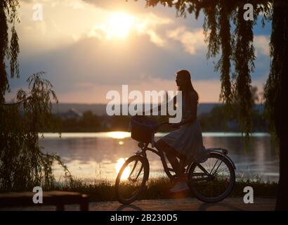 Silhouette d'une femme à vélo près d'un lac urbain, profitant d'un beau coucher de soleil d'été, branches de saules au premier plan, ciel romantique sur l'arrière-plan, espace de copie Banque D'Images
