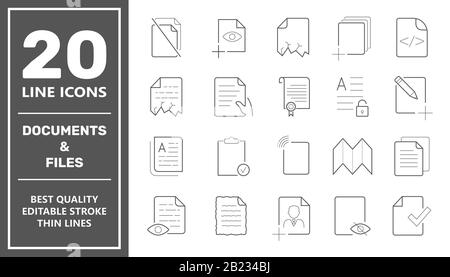 Ensemble D'Icônes De Document. Contient des icônes telles que traitement par lots, documents juridiques, Presse-papiers, Téléchargement, flux de documents et bien plus encore. Contour Modifiable. SPE 10 Illustration de Vecteur