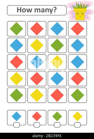 Jeu de comptage pour enfants d'âge préscolaire pour le développement de capacités mathématiques. Combien de diamants de différentes couleurs. Avec un endroit pour les réponses. S Illustration de Vecteur