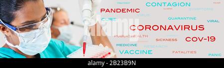 Bannière panoramique web femelle asiatique chercheur scientifique médical ou femme médecin portant masque de visage à l'aide d'un échantillon de sang de pipette dans un médical Banque D'Images