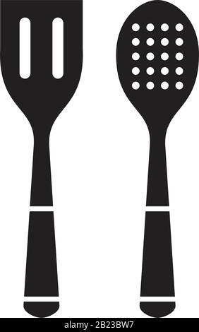 Cuillère fendue et spatule en bois pour modèle d'icône de friture noir modifiable. Cuillère fendue et spatule en bois pour friture symbole icône plat vecto Illustration de Vecteur