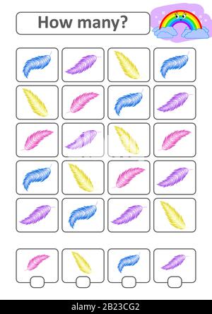 Jeu de comptage pour enfants d'âge préscolaire pour le développement de capacités mathématiques. Combien de plumes d'oiseaux. Avec un endroit pour les réponses. Simple isol plat Illustration de Vecteur