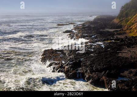Oregon, États-Unis: Côte sauvage de l'Oregon avec des vagues sur la rive et le ciel sombre Banque D'Images