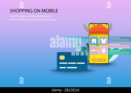 Concept d'affaires d'achat sur téléphone mobile, la carte de crédit est devant le smartphone que l'affichage contient la liste des produits, la notation des clients. Illustration de Vecteur