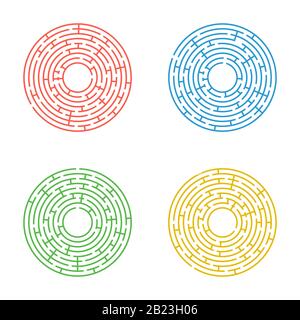 Labyrinthe rond abstrait. Un ensemble de quatre labyrinthe. Un jeu éducatif pour les enfants et les adultes. Illustration vectorielle plate simple isolée sur le backgrou blanc Illustration de Vecteur