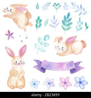 Joyeuses couleurs d'eau de Pâques ensemble d'éléments, lapin, lapin, fleurs et brindilles, ruban violet bannière, carte de voeux, isolé sur blanc Banque D'Images