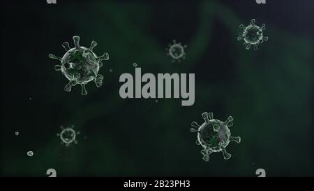 l'ordinateur tridimensionnel a généré l'image d'un groupe de cellules du virus corona ou de microbes agrandis au microscope sur fond sombre Banque D'Images