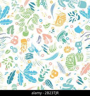 Motif pastel style de vie des plantes avec fleurs modernes, forme et point dans des tons pastel. Joyeux motif plantes tropicales. Motif de répétition de surface. Illustration de Vecteur