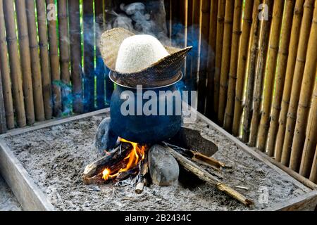 Cuiseur à riz traditionnel au feu ouvert, cuisson à base de riz collant dans un panier de bambou au-dessus de l'eau de simmering, Farrm de riz vivant à terre près de Luang Prabang, Laos Banque D'Images