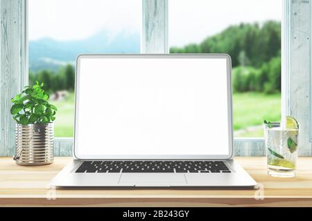 Gros ordinateur portable sur la table de dessus de bureau d'Un Homme D'Affaires avec Écran blanc Vide, rendu tridimensionnel Banque D'Images